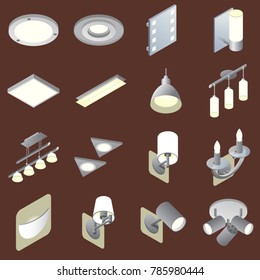 Icons of indoor lights in isometric view and gradient fill on dark background