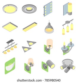 Icons of indoor lights in isometric view and solid fill on white background