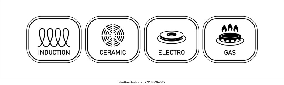 Icons: induction, ceramics, electro, gas. Induction purpose for cookers and ovens. To indicate the surface of cookware. Vector illustration , isolated on white background