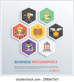 Icons infographic of brainstorm, state institution, business tools, start up, mind mapping, e-learning, time is money, school. Different icons in flat design