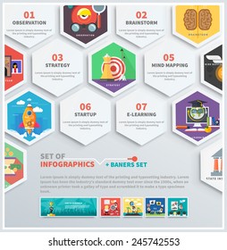 Icons infographic of headwork, strategy planning, business tools start up observation creative team mind mapping brainstorm e-learning time is money. Concept of different icons in flat design