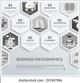 Icons infographic of headwork, strategy planning, business tools start up observation creative team mind mapping brainstorm e-learning time is money. Different icons in flat design in black color