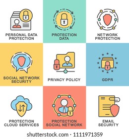 Icons of information protection and GDPR. The thin contour lines with color fills.