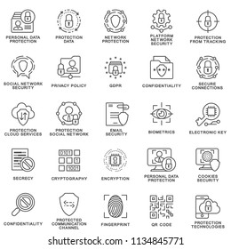 Icons of information protection and GDPR. The thin contour lines.