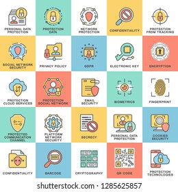 Icons of information protection and GDPR. The thin contour lines with color fills.