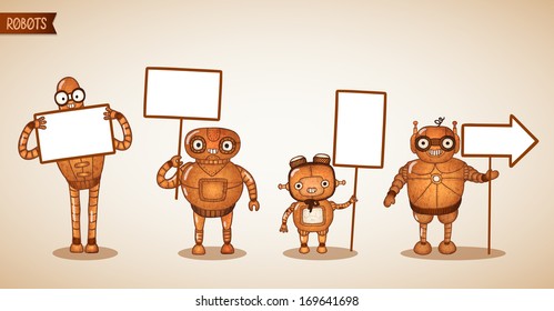 Icons of intelligent machines holding blank sign arrow or banner with place for your text vector illustration