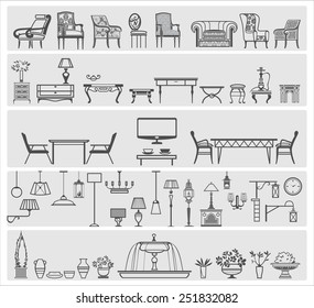 icons of interior elements and furniture, vector illustration