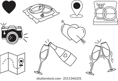 Ícones para convites festa de casamento casais anel doodle vetor ilustrações linha arte simples