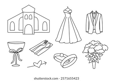 Icons for invitations wedding party married couples ring doodle vector illustrations line art simple