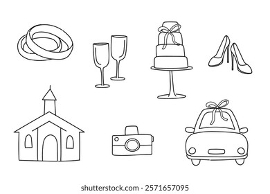 Icons for invitations wedding party married couples ring doodle vector illustrations line art simple