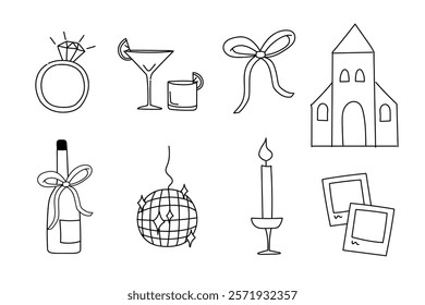 Icons for invitations wedding party married couples ring doodle vector illustrations line art simple