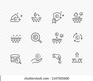 Icons Isolated On Transparent Background. Vitamin E, Olive Oil, Serum Drop Icon Set. Collagen Cream For Hair, Body Skin Signs. Vector Outline Stroke Medical Symbols.