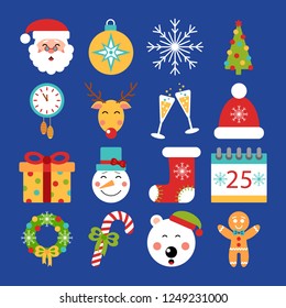 Сhristmas icons. Isolated vector illustration for winter holidays with santa,reindeer,snowflake,gingerbread,christmas tree,polar bear,champagne,ball,stocking, calendar,candy cane,present and snowman.
