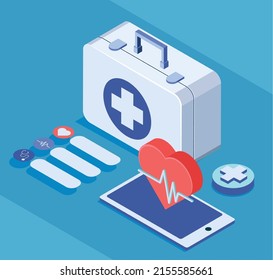 Icons Isometric Medical Kit And Mobile