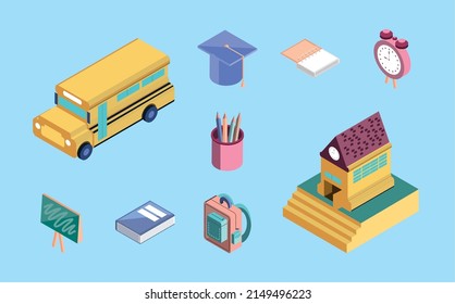 íconos de bus isométrico escolar y construcción