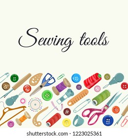 Icons and items for sewing and knitting courses on a white background. Buttons, buckles, needles and scissors, pins and threads. Place for your text. Tailor, Handmade, Dressmaking, Hobby.