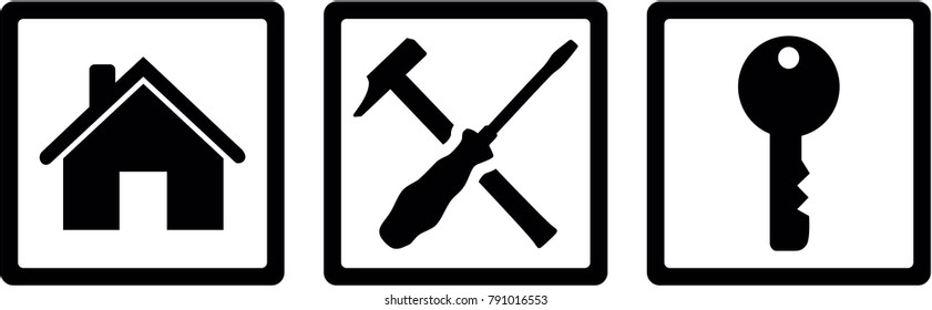 Icons for janitor with house, tools and key 