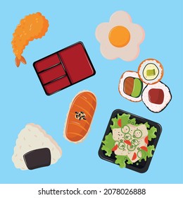 icons japanese food, sushi, tempura and egg
