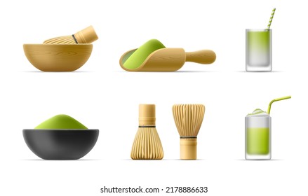 Icons of Japanese traditional matcha organic green tea powder. Vector 3D bamboo cooking set template. Cappuccino, latte with vegetable milk. Whisk for whisking, bowl, wooden utensils. Healthy drink