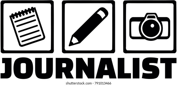 Icons for journalist with notepad, pen and camera and male job title
