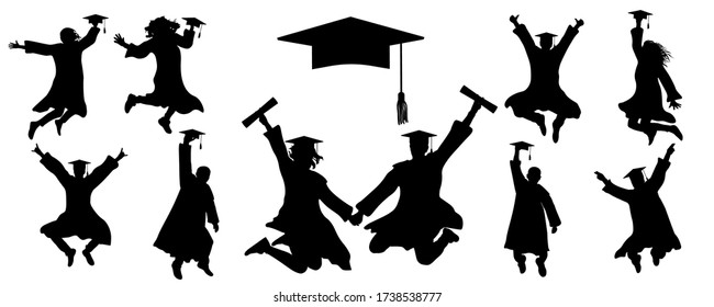 Icons of jumping silhouettes of graduates student, icon of square academic cap. Vector illustration