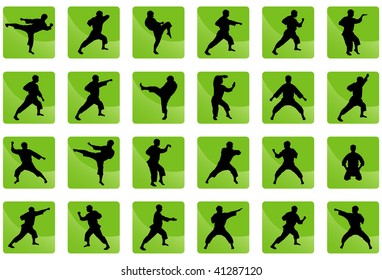 Icons of karate on the green. Set of black silhouettes of the person on a green background in style in karate great for your design. All icons organized in groups for usability.