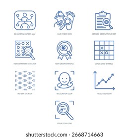 Icons for keen observation, recognizing trends, visual detection, and pattern logic.