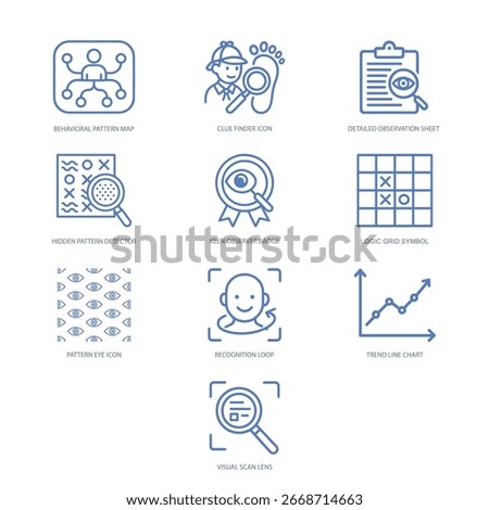 Icons for keen observation, recognizing trends, visual detection, and pattern logic.