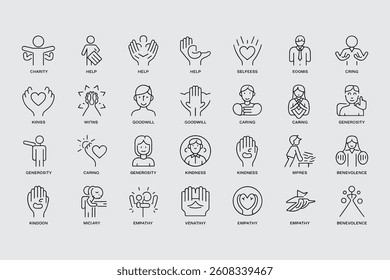 Icons Of Kindness Charity And Empathy Line Art Vector Set