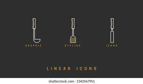 Icons Kitchen tool in linear style. set icon cutlery vector graphics