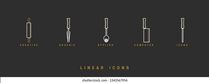 Icons Kitchen tool in linear style. set icon cutlery vector graphics