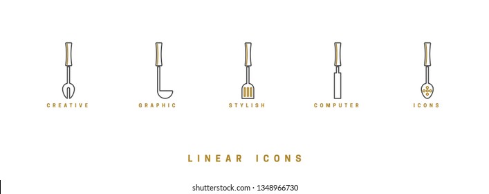 Icons Kitchen tool in linear style. set icon cutlery vector graphics