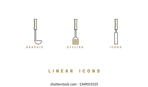 Icons Kitchen tool in linear style. set icon cutlery vector graphics