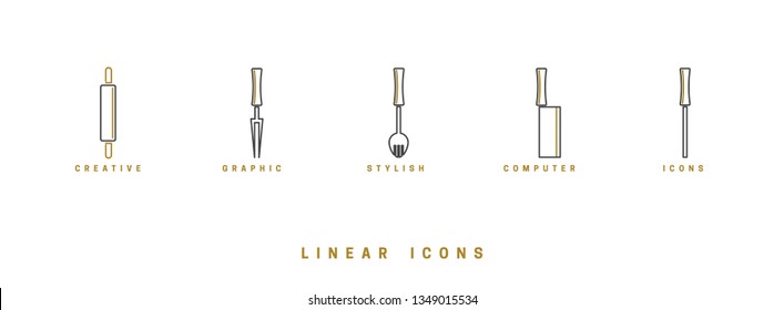Icons Kitchen tool in linear style. set icon cutlery vector graphics