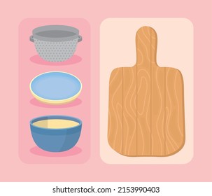 icons kitchen utensils bowl and cutting board