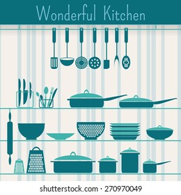 Icons of kitchen ware on the decorative background. Banner design.