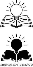 Icons Knowledge. Black and White Vector Icons of Opened Book and Light Bulb. Studying Subjects at School. Education Concept