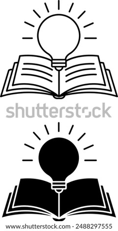 Icons Knowledge. Black and White Vector Icons of Opened Book and Light Bulb. Studying Subjects at School. Education Concept