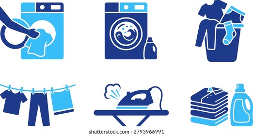 Icons for laundry, cleaning, washing machine, ironing, clothes, drying, hanging, washing powder, fabric care, domestic chores.