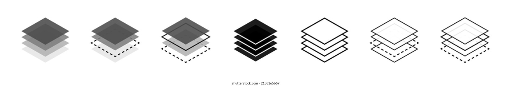 Icons of layers stack. Logos of paper layers line and levels, tiers for web. Fabric floor layers. Symbols of material stack. Vector. Surface levels pictogram, technology for business. - Shutterstock ID 2158165669