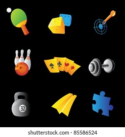 Icons for leisure, black background. Vector illustration.