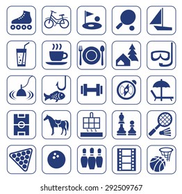 Icons, leisure, entertainment, leisure, Hobbies, monochrome, flat. Monochrome, flat icons, leisure, hobby, entertainment, tourism, fishing, sports, cafes, cinema. For printing and websites. 