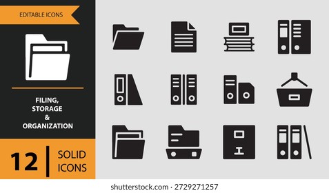 Icons like archive file document storage and file organizer help designers visually represent structured document management making this set suitable for productivity apps business platforms and professional office interface designs