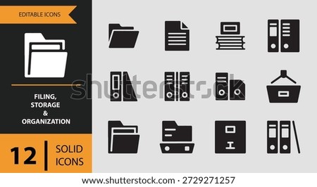 Icons like archive file document storage and file organizer help designers visually represent structured document management making this set suitable for productivity apps business platforms and professional office interface designs