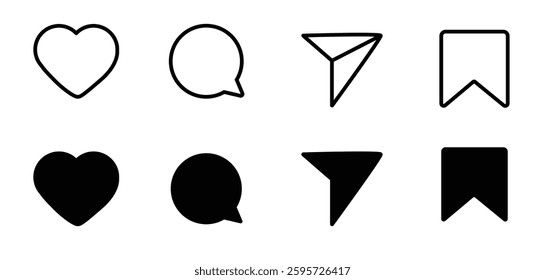 icons: Like, comment, share, save. social media interface icon set in line style. like, comment, share, message and save simple black style symbol sign for apps and website, vector