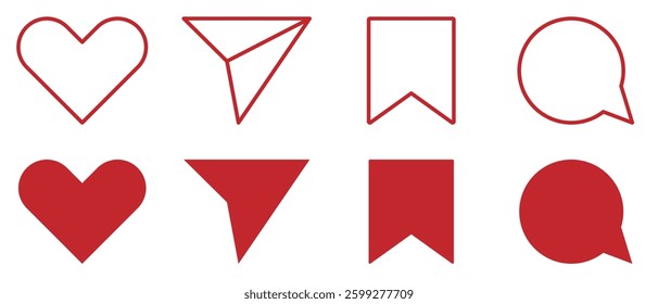 Icons like comment, share, save, like media button. Outline icon heart arrow direct message interface message minimalist. Set of social network user interface button icons on white background. 