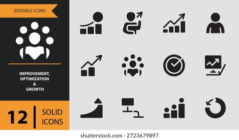 Icons like growth strategy continuous improvement and efficiency boost clearly represent systematic enhancement methods productivity gains and sustainable improvement cycles used in business planning and performance frameworks