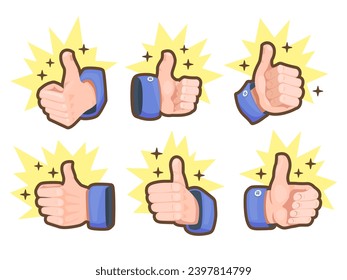 Icons of the "like" hand sign from different angles. Concept of approve. Bright remarkable UI elements. Nice vector UI illustration for your business.