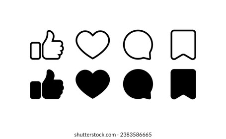 Icons like likes, hearts, message bubble, bookmarks. Silhouette, black, like icon, heart, speech bubble, pin buttons, reaction under the post. Vector icons