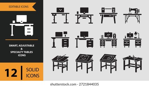 Los iconos como la mesa de dibujo de escritorio motorizada y la mesa de dibujo ayudan a los diseñadores a representar visualmente las superficies de trabajo ajustables, las tareas de precisión y las configuraciones flexibles de la estación de trabajo para creadores profesionales y usuarios técnicos